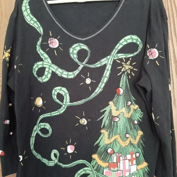 Jess & Jane Top Women Large Black Christmas Tree Presents V-Neck Top XL - Picture 3 of 7
